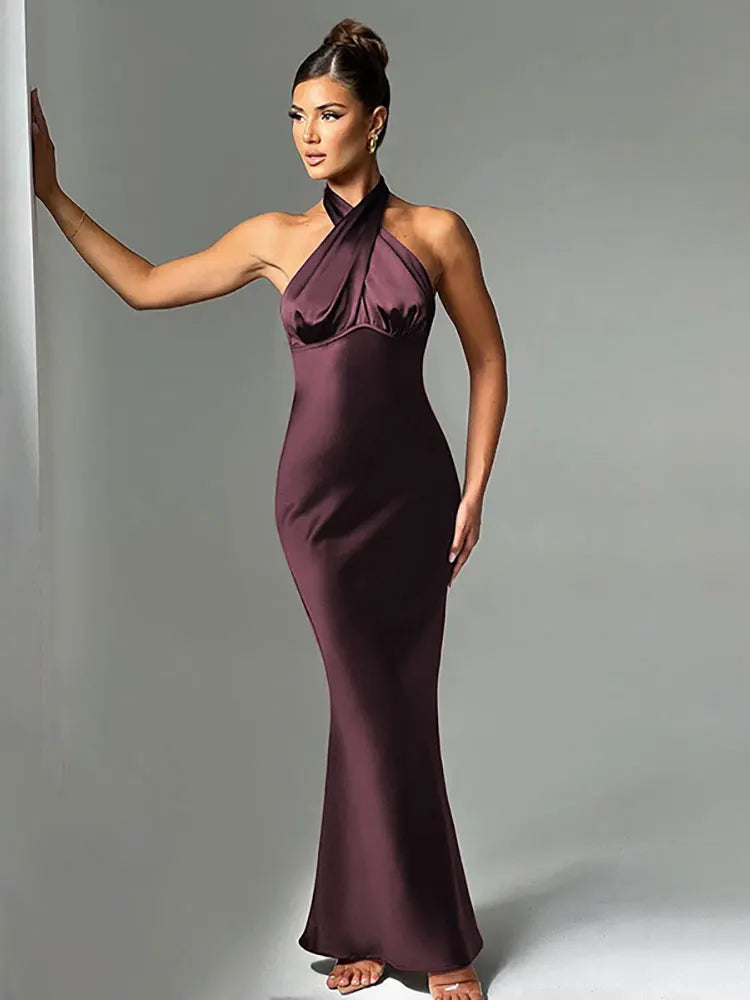 Robe satinée dos nu lacée Marron Belle Vie Market