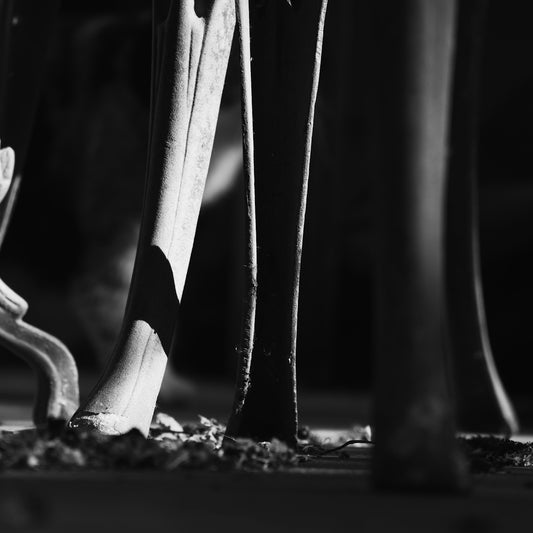 Close-up of ornate metal chair legs on stone