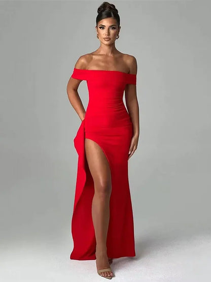 Robe longue fendue épaules dénudées Rouge Belle Vie Market