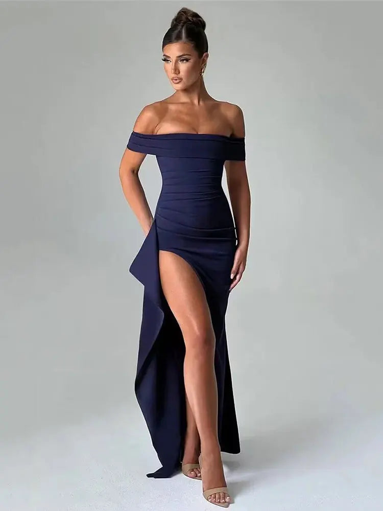 Robe longue fendue épaules dénudées Bleu Belle Vie Market