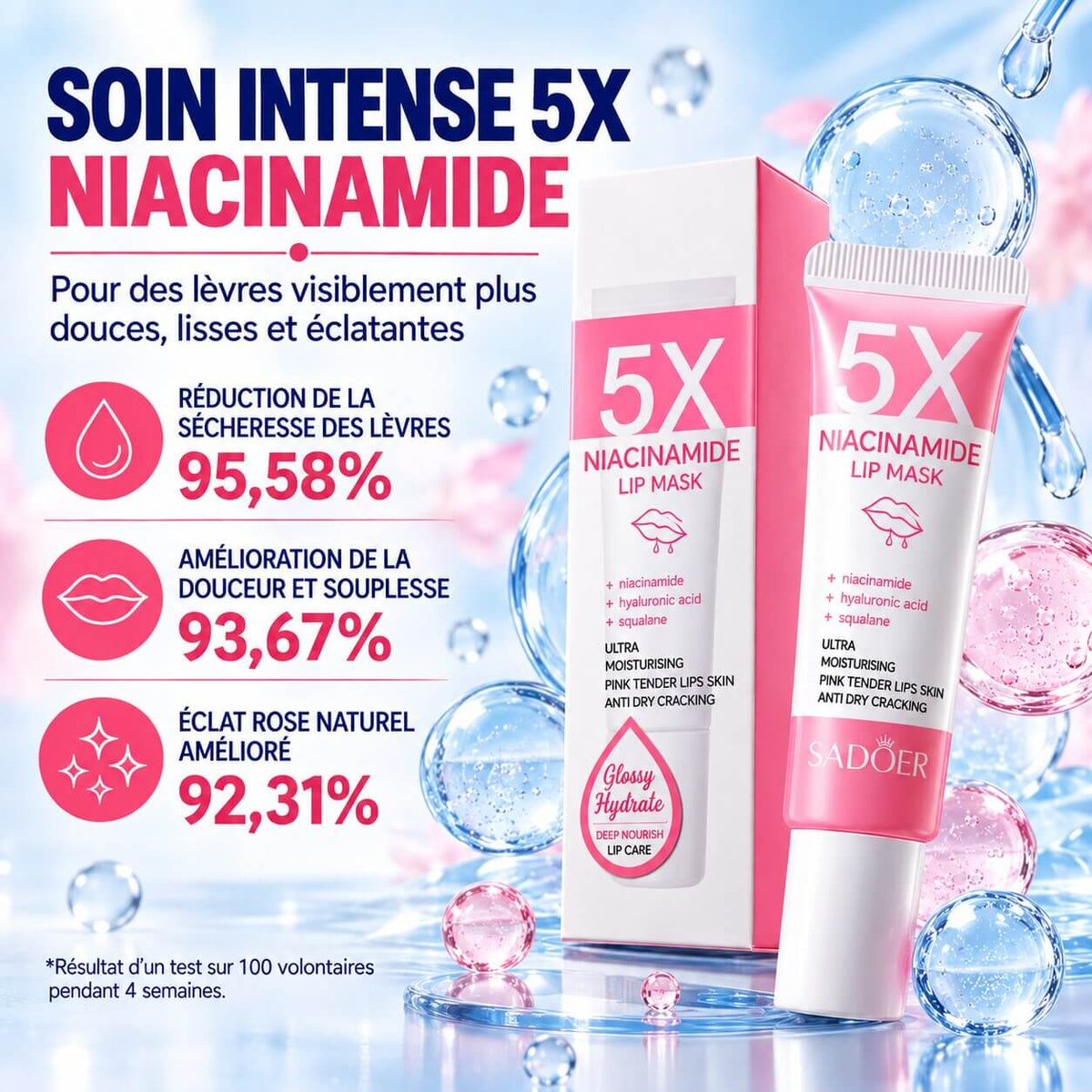 LÈVRES ROSES Bellevie™ - Masque Réparateur 5X Niacinamide Belle Vie Market Soulagement du mal dos en 5 minutes